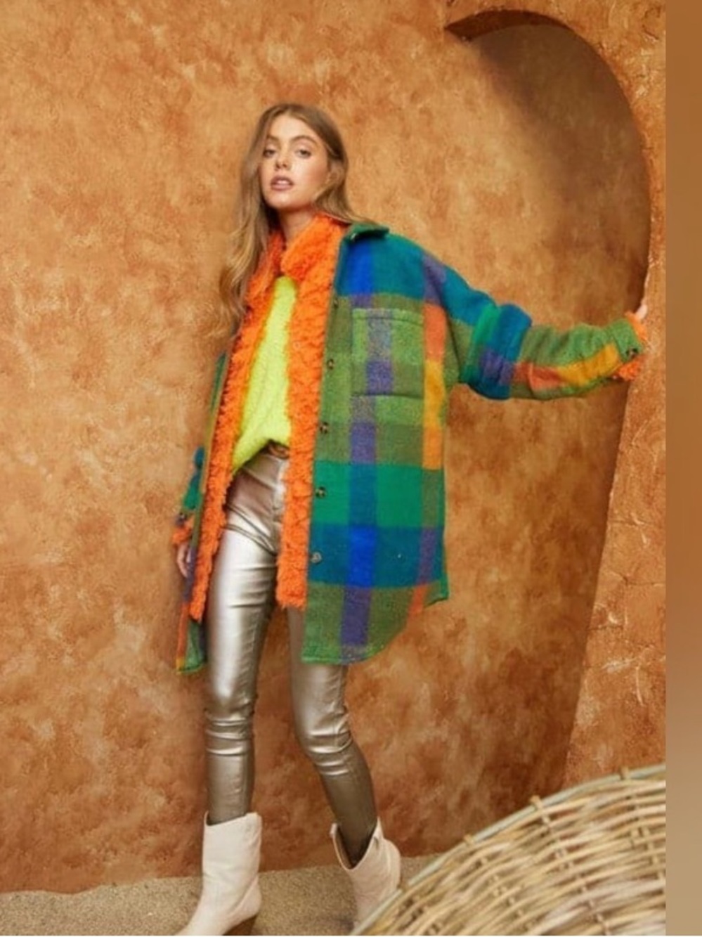 NWT Davi & Dani Multi Colour Oversized Plaid Fuzzy Jacket Shacket Medium